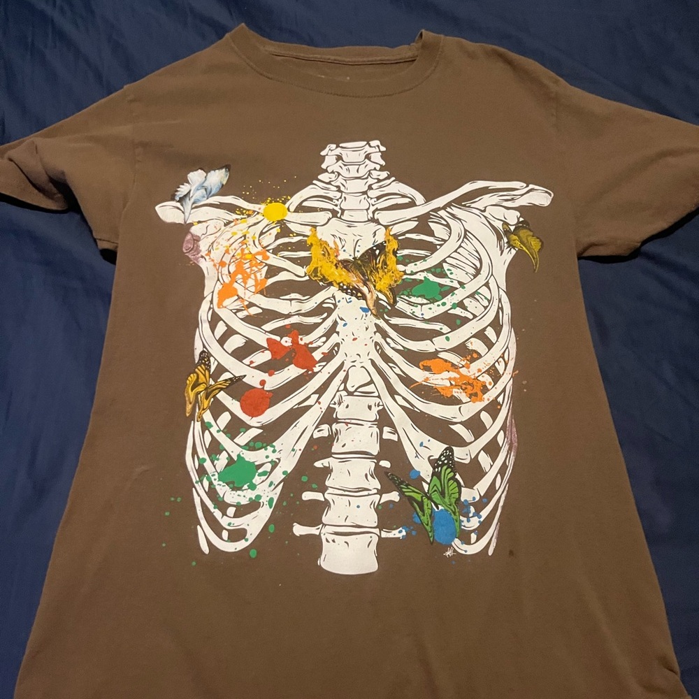 Brown T-Shirt with Skeleton and Colorful Design